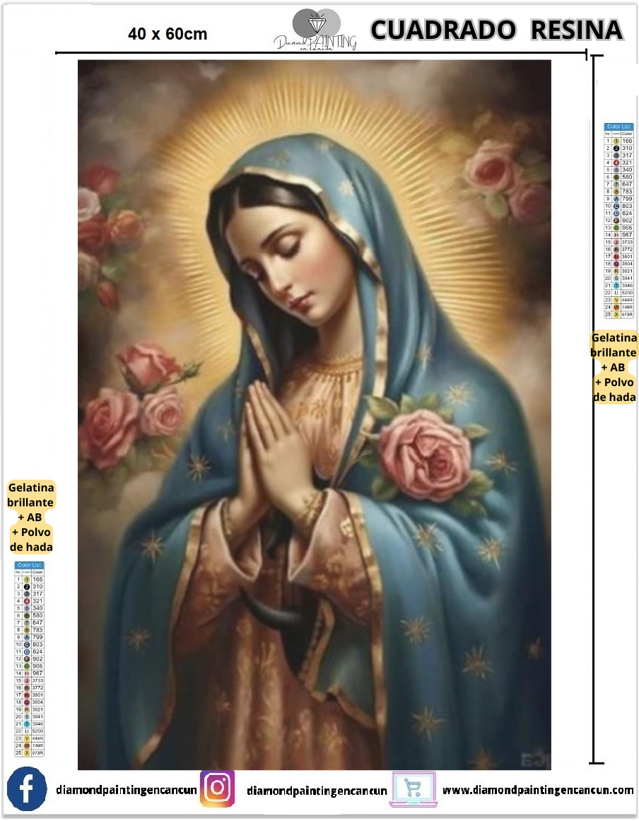 Virgen manto azul 40 x 60cm Contiene DIAMANTES DE RESINA: GELATINA BRILLANTE EN LA OSCURIDAD, AB Y POLVO DE HADA