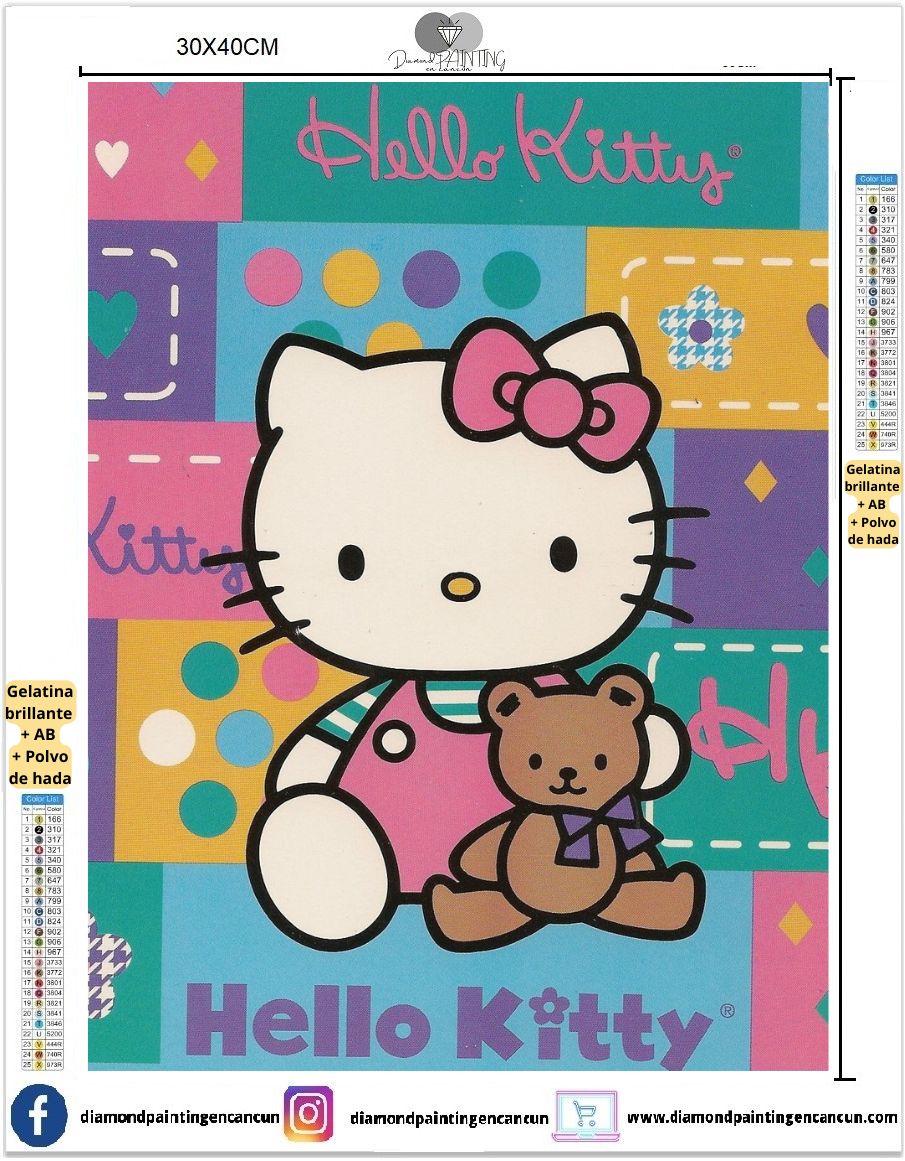 Hello Kitty 30 x 40 contiene DIAMANTE GELATINA BRILLANTE EN LA OSCURIDAD, AB Y POLVO DE HADA