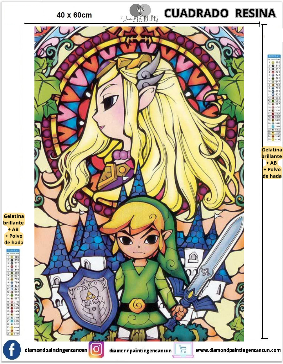 Zelda 40 x 60 Contiene DIAMANTES DE RESINA: GELATINA BRILLANTE EN LA OSCURIDAD, AB Y POLVO DE HADA
