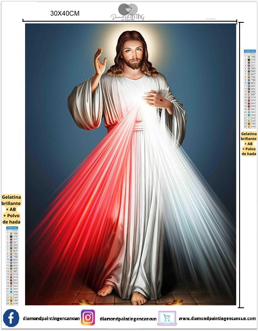 Jesus Milagroso 30 x 40cm contiene DIAMANTE GELATINA BRILLANTE EN LA OSCURIDAD, AB Y POLVO DE HADA