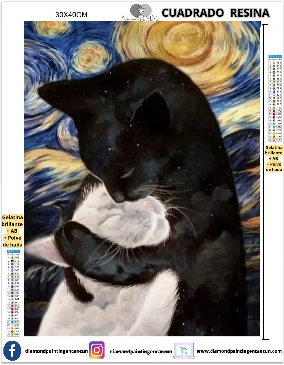 Gatitos 30 x 40cm Contiene DIAMANTES DE RESINA: GELATINA BRILLANTE EN LA OSCURIDAD, AB Y POLVO DE HADA