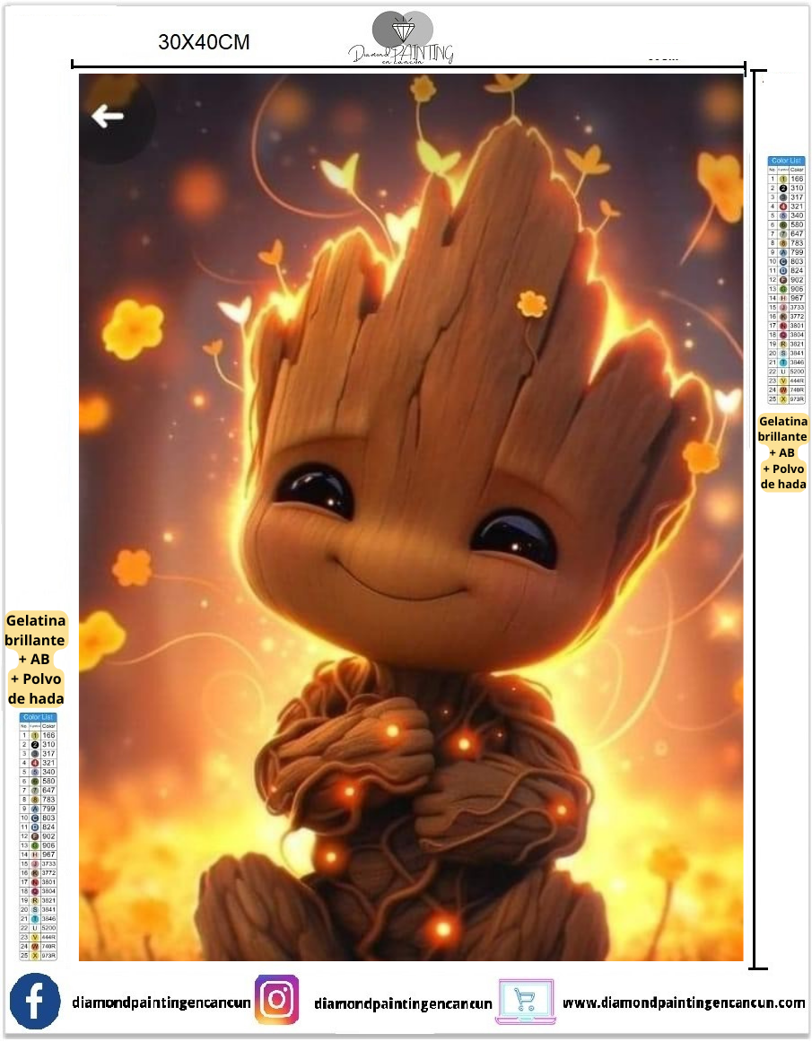 Groot 30 x 40 contiene DIAMANTE GELATINA BRILLANTE EN LA OSCURIDAD, AB Y POLVO DE HADA