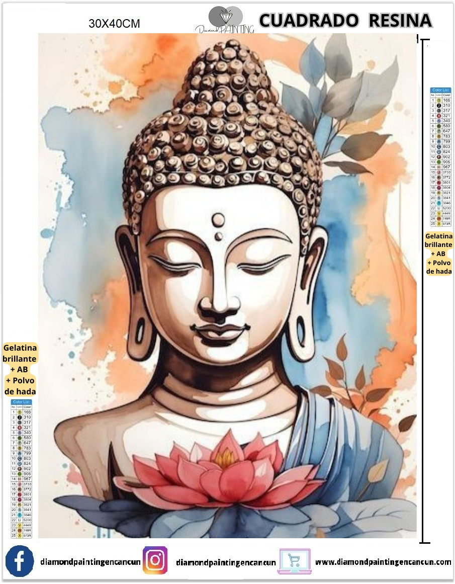 Buda 30 X 40 Contiene DIAMANTES DE RESINA: GELATINA BRILLANTE EN LA OSCURIDAD, AB Y POLVO DE HADA