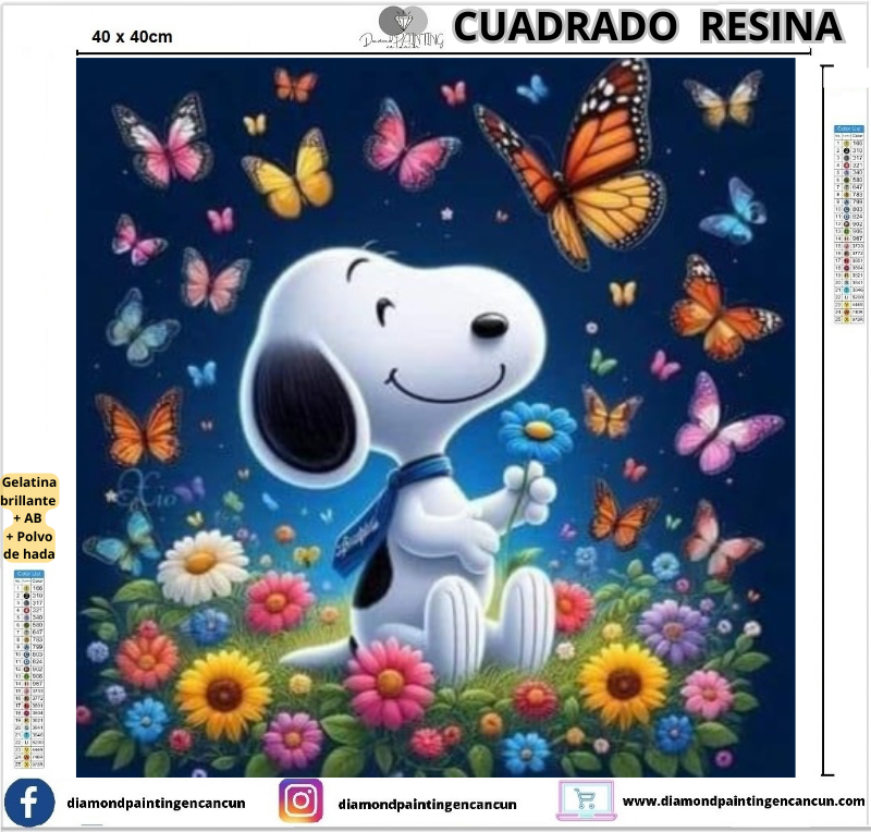 Snoopy flores 40 x 40 Contiene DIAMANTES DE RESINA: GELATINA BRILLANTE EN LA OSCURIDAD, AB Y POLVO DE HADA
