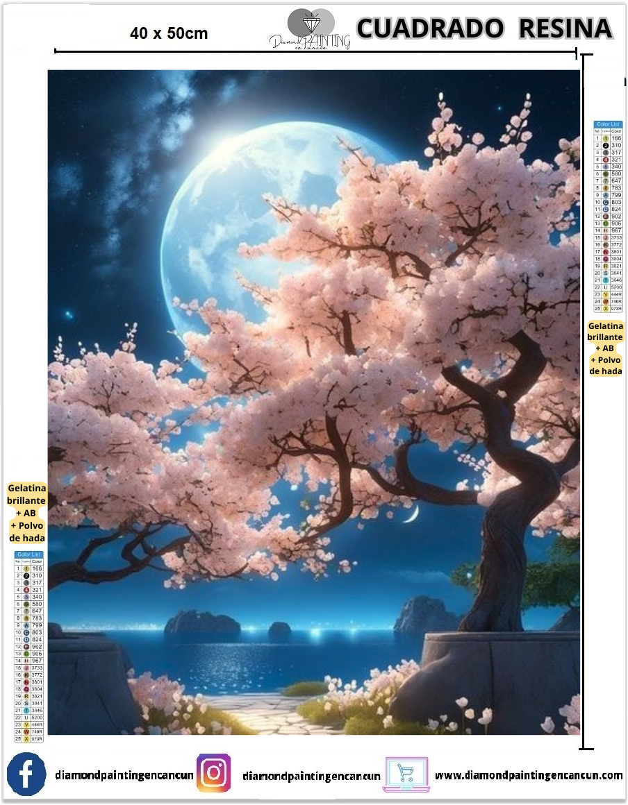Árbol y luna 40 x 50 Contiene DIAMANTES DE RESINA: GELATINA BRILLANTE EN LA OSCURIDAD, AB Y POLVO DE HADA