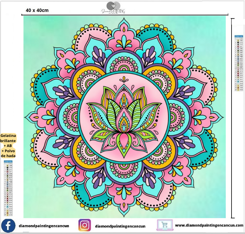 Mandala flor de loto 40 x 40 contiene Diamantes GELATINA BRILLANTE EN LA OSCURIDAD, AB Y POLVO DE HADA