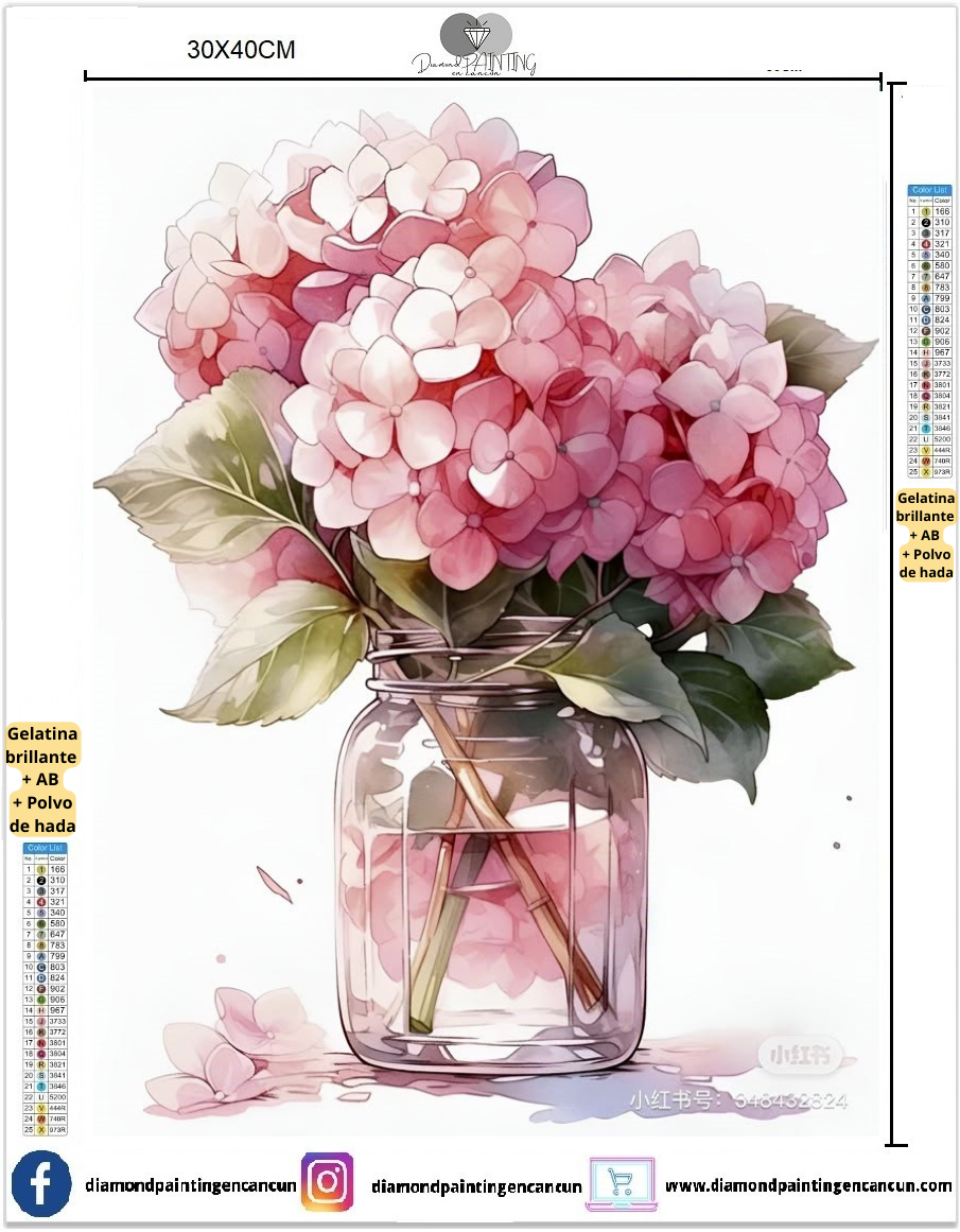 Florero 30 x 40 contiene DIAMANTE GELATINA BRILLANTE EN LA OSCURIDAD, AB Y POLVO DE HADA