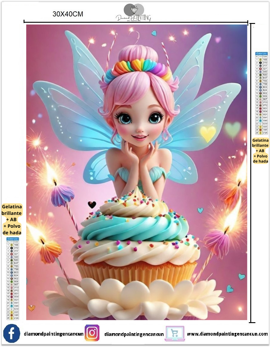 Hada cupcake 30 x 40 contiene DIAMANTE GELATINA BRILLANTE EN LA OSCURIDAD, AB Y POLVO DE HADA