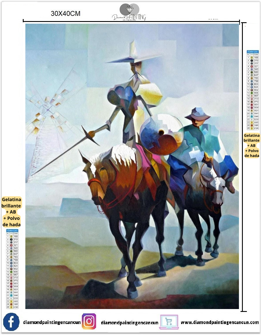 Don Quijite 30 x 40cm contiene DIAMANTE GELATINA BRILLANTE EN LA OSCURIDAD, AB Y POLVO DE HADA