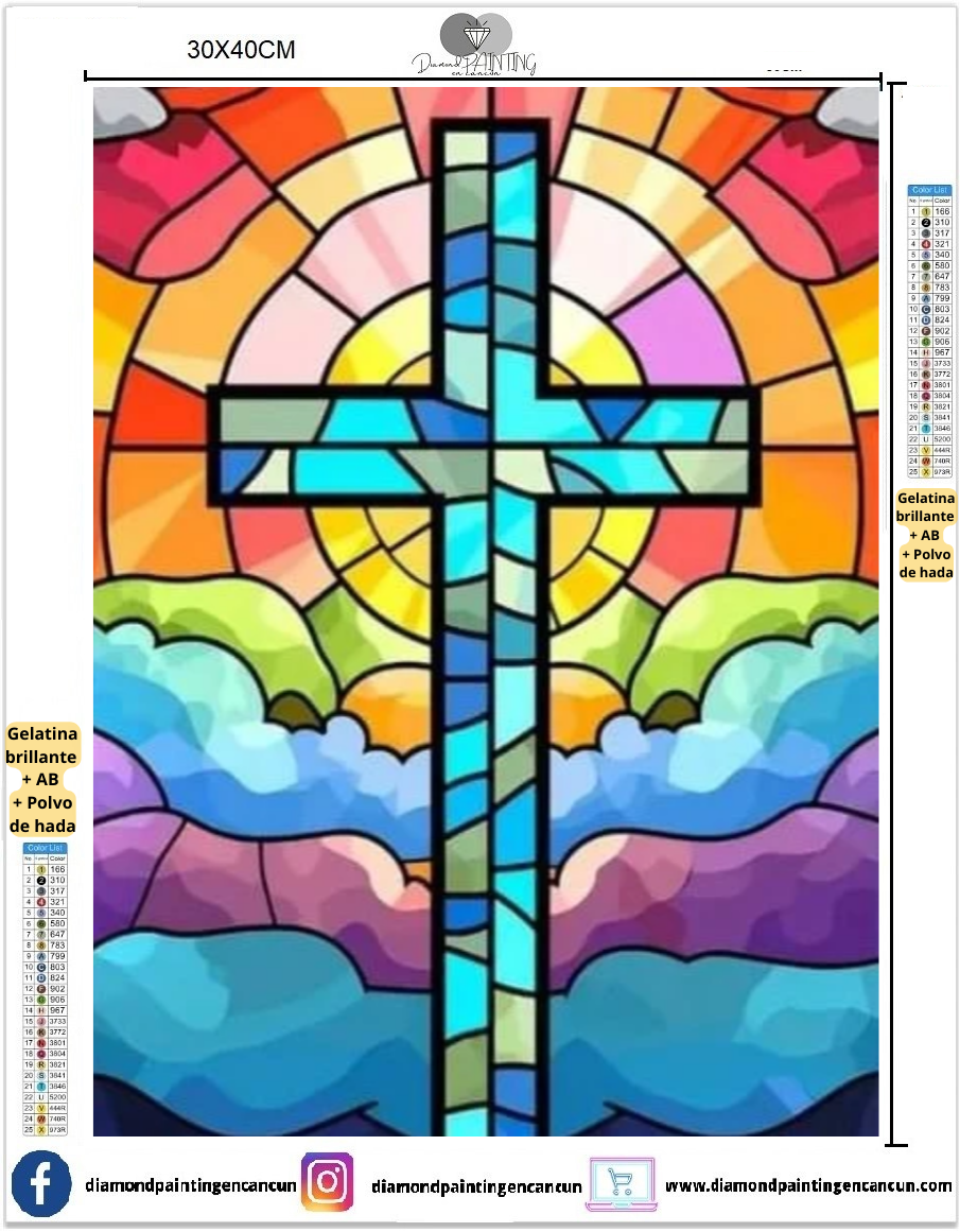Cruz vitral 30 x 40 contiene DIAMANTES GELATINA, AB Y POLVO DE HADA