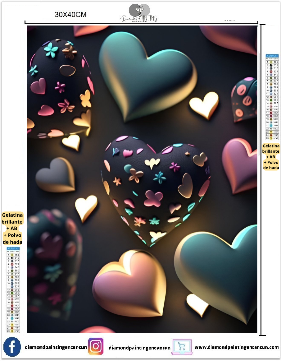 Corazones 30 x 40cm contiene DIAMANTES GELATINA, AB Y POLVO DE HADA