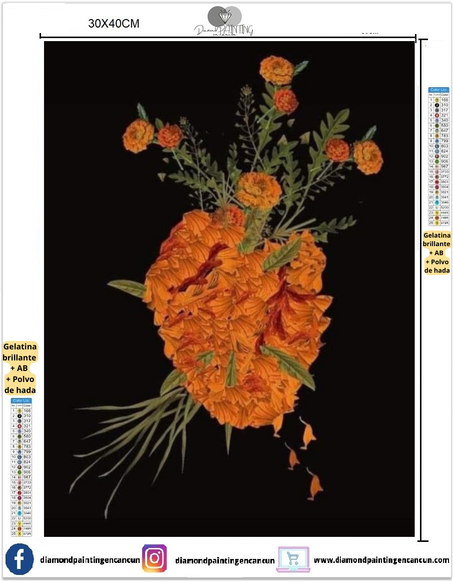 Corazón flores 30 x 40 contiene DIAMANTES GELATINA, AB Y POLVO DE HADA