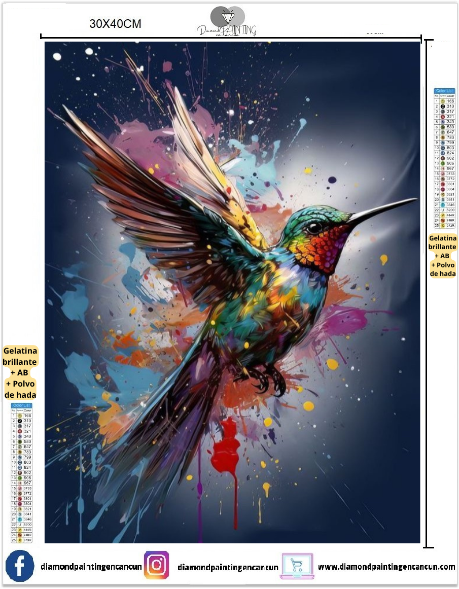 Colibrí 30 x 40cm contiene DIAMANTE GELATINA BRILLANTE EN LA OSCURIDAD, AB Y POLVO DE HADA