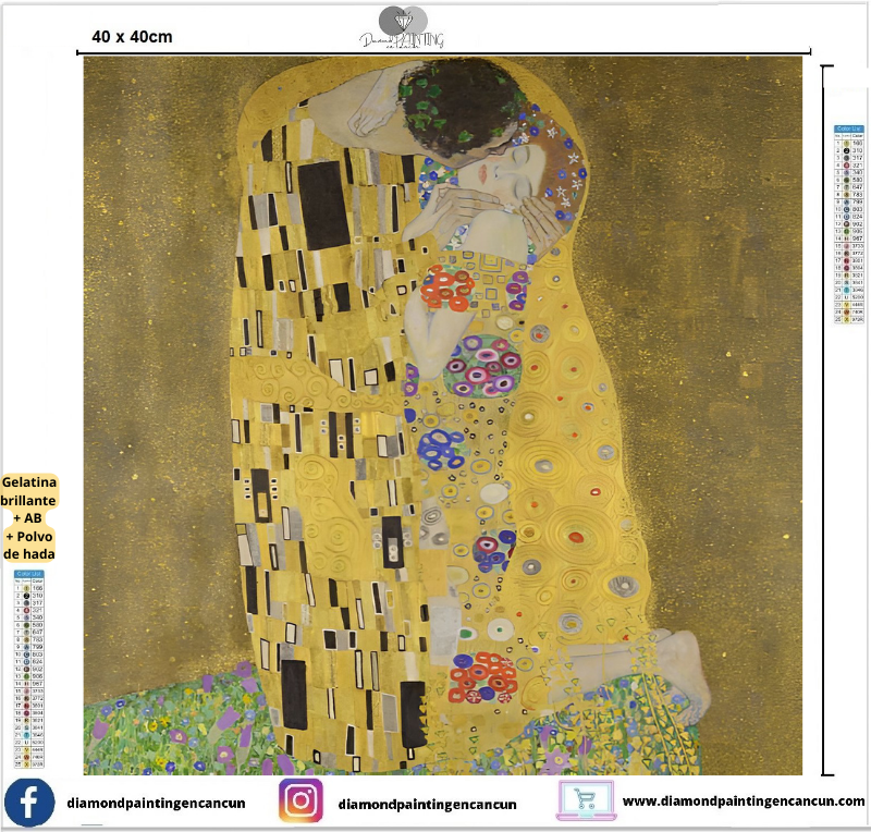 El beso Gustav Klimt 40 x 40cm contiene Diamantes GELATINA BRILLANTE EN LA OSCURIDAD, AB Y POLVO DE HADA