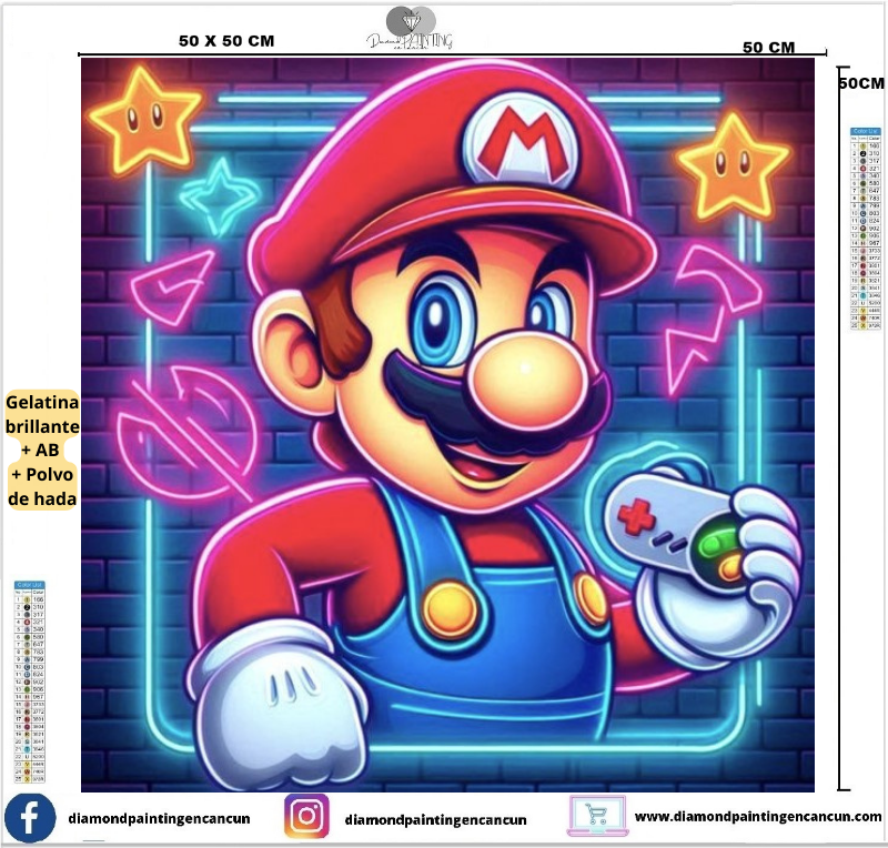 Mario 50 x 50 contiene Diamante gelatina brillante en la oscuridad, ab y polvo de hada