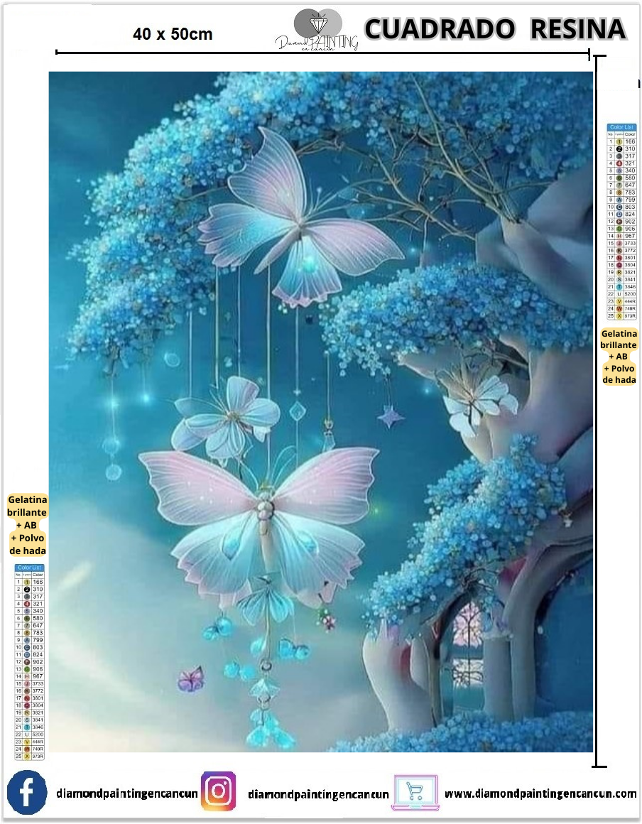 Mariposas azules 40 x 50cm Contiene DIAMANTES DE RESINA: GELATINA BRILLANTE EN LA OSCURIDAD, AB Y POLVO DE HADA