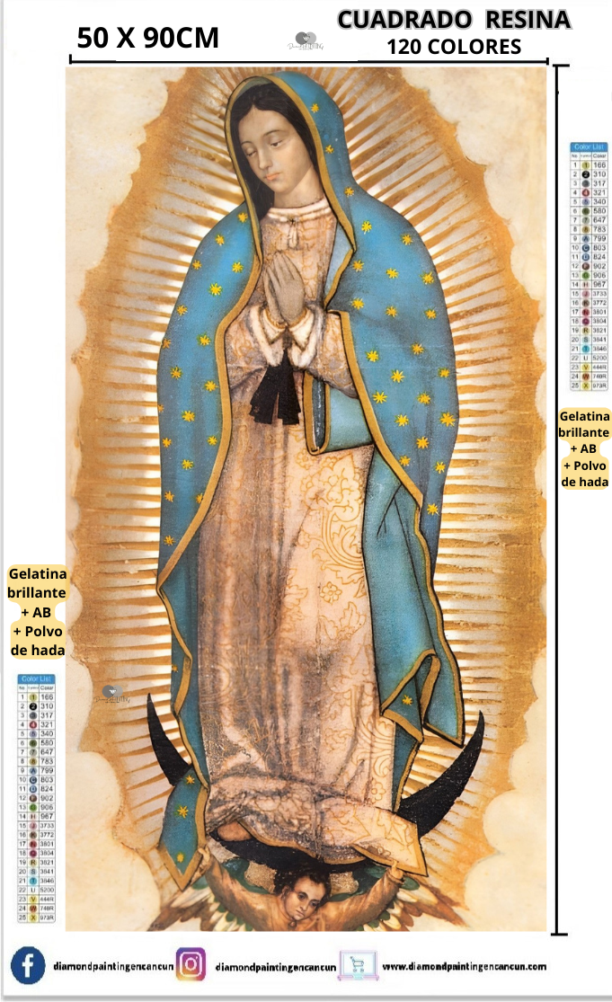 Virgen 50 x 90 Contiene 120 DIAMANTES DE RESINA: GELATINA BRILLANTE EN LA OSCURIDAD, AB Y POLVO DE HADA