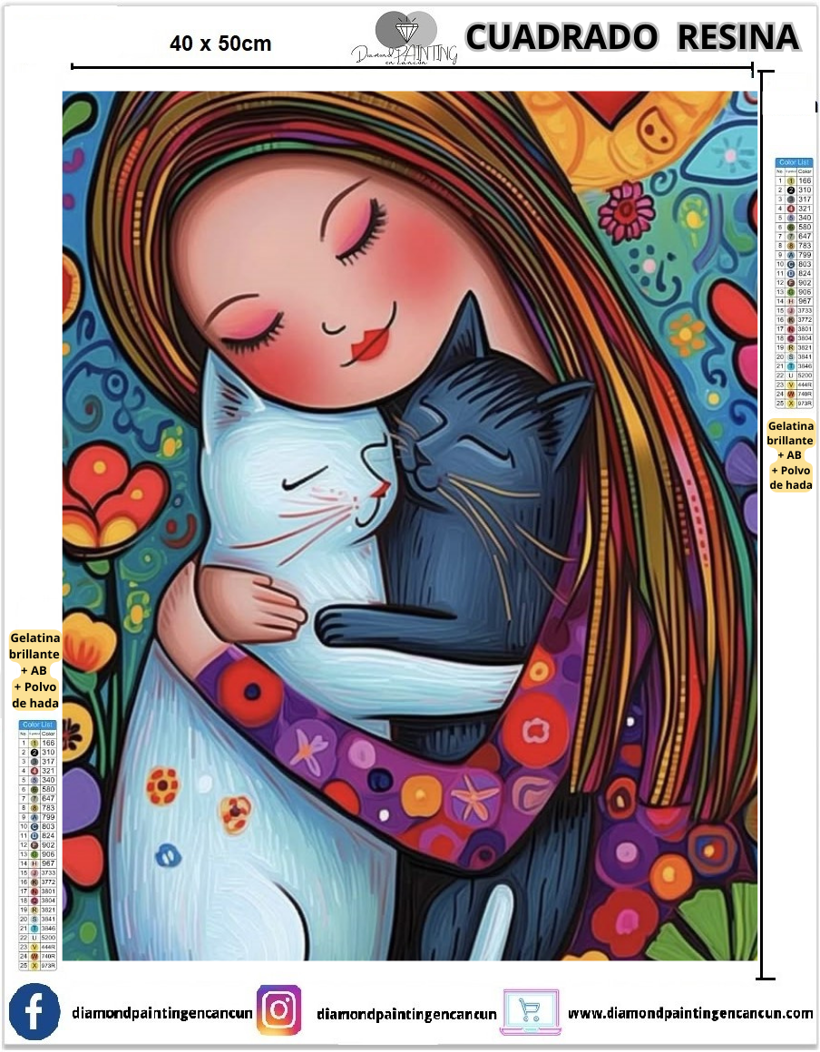 Chica con gatitos 40 x 50 Contiene DIAMANTES DE RESINA: GELATINA BRILLANTE EN LA OSCURIDAD, AB Y POLVO DE HADA