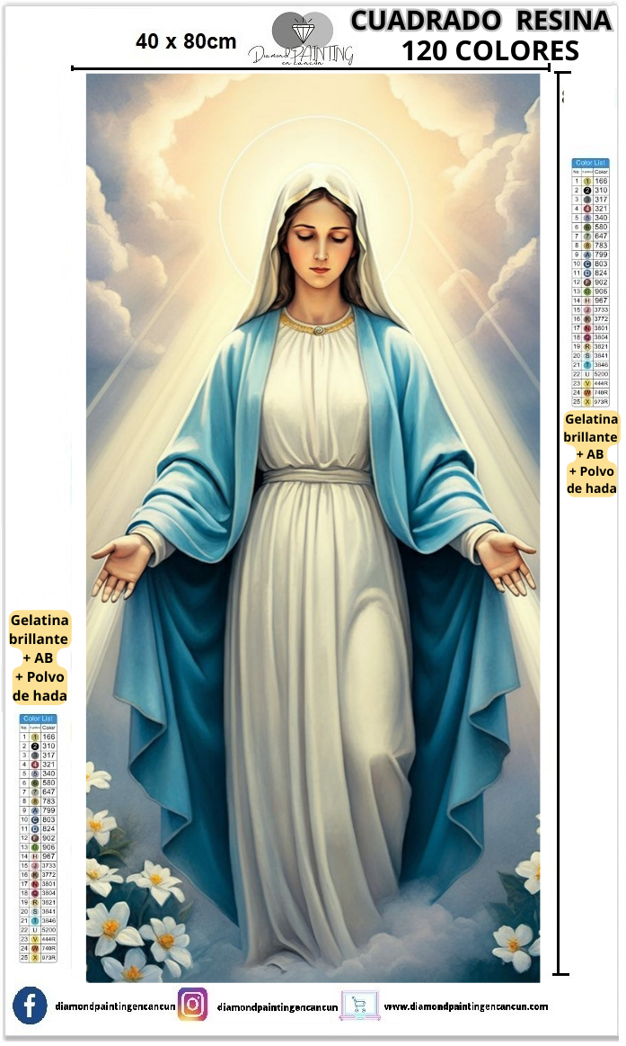 Virgen 40 x 80 Contiene 120 DIAMANTES DE RESINA: GELATINA BRILLANTE EN LA OSCURIDAD, AB Y POLVO DE HADA