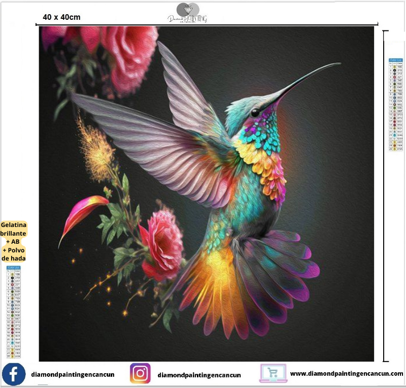 Colibrí azul 40 x 40cm contiene DIAMANTE GELATINA BRILLANTE EN LA OSCURIDAD, AB Y POLVO DE HADA