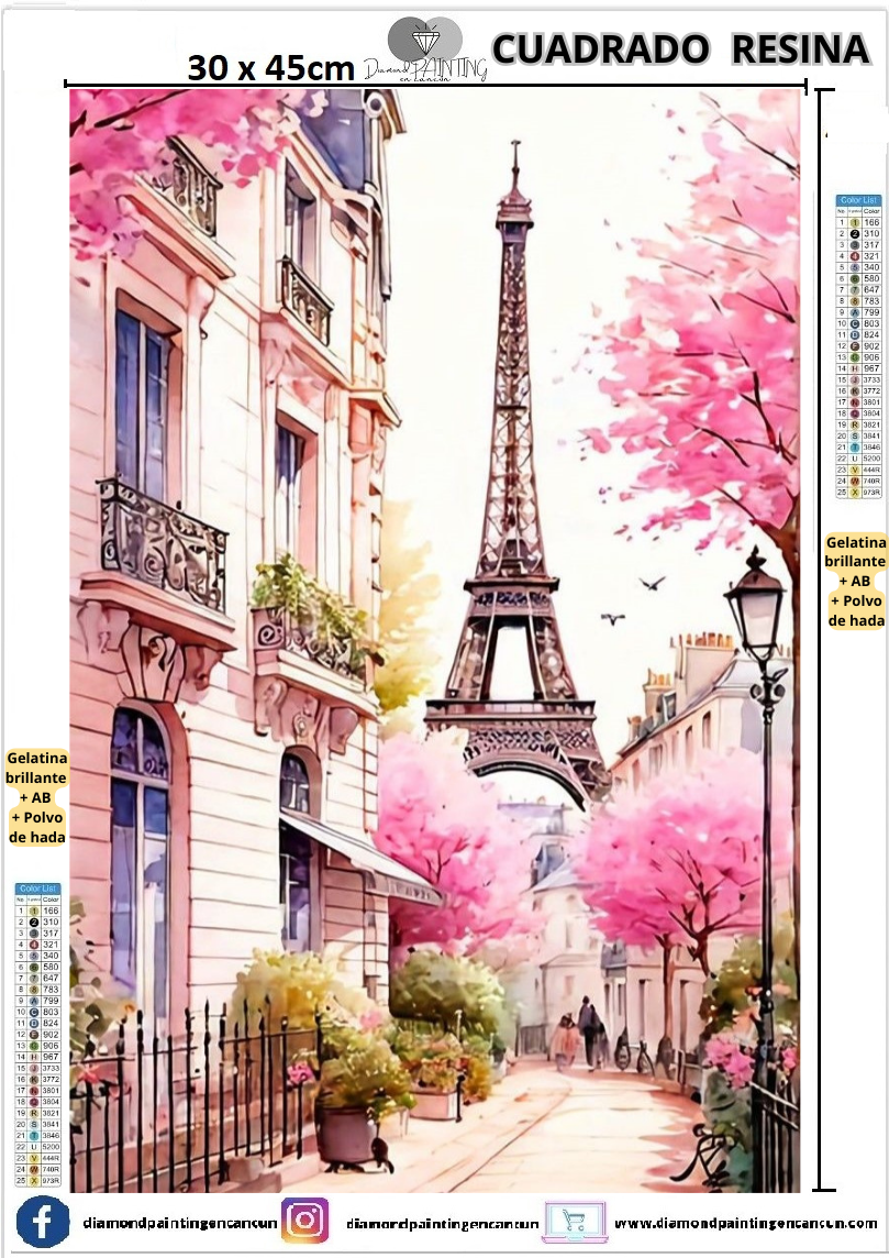 Torre Paris 30 x 45 Contiene DIAMANTES DE RESINA: GELATINA BRILLANTE EN LA OSCURIDAD, AB Y POLVO DE HADA