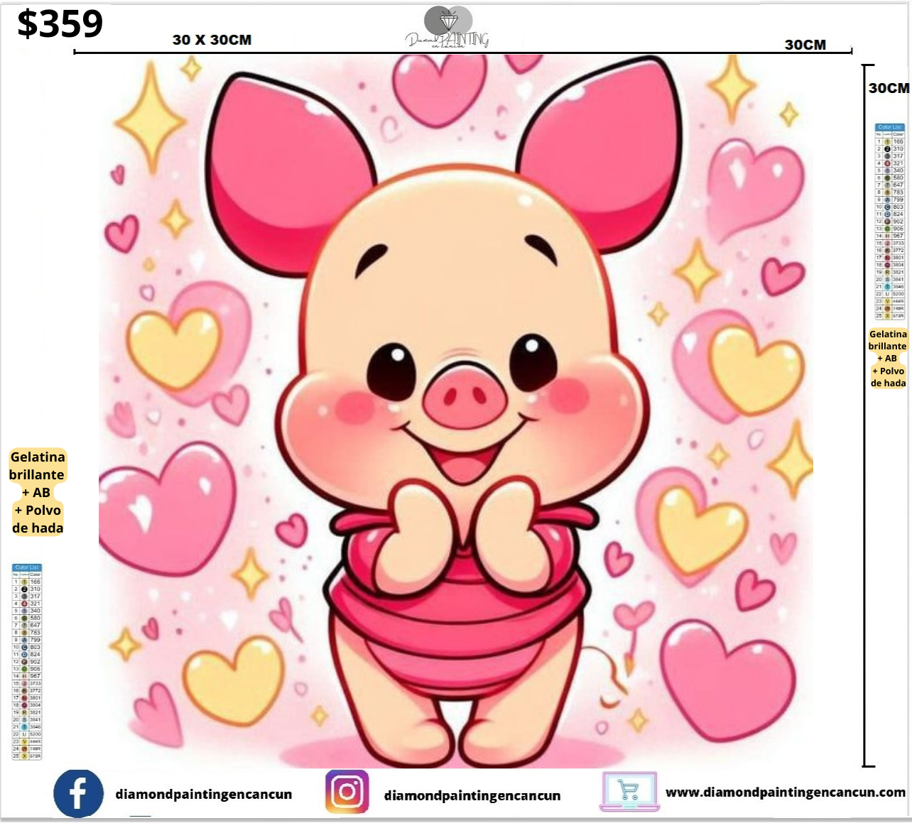 Piglet 30 x 30 contiene DIAMANTES GELATINA, AB Y POLVO DE HADA