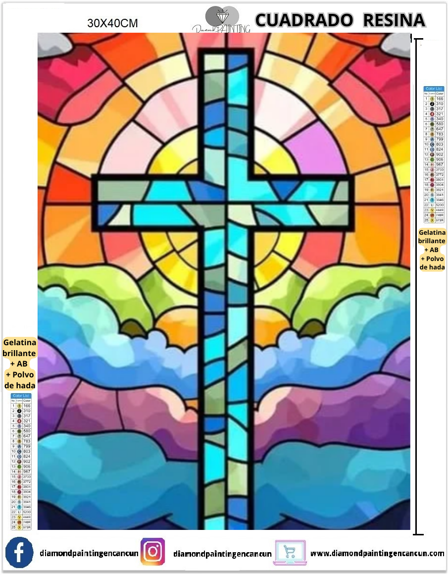 Cruz vitral 30 x 40 Contiene DIAMANTES DE RESINA: GELATINA BRILLANTE EN LA OSCURIDAD, AB Y POLVO DE HADA