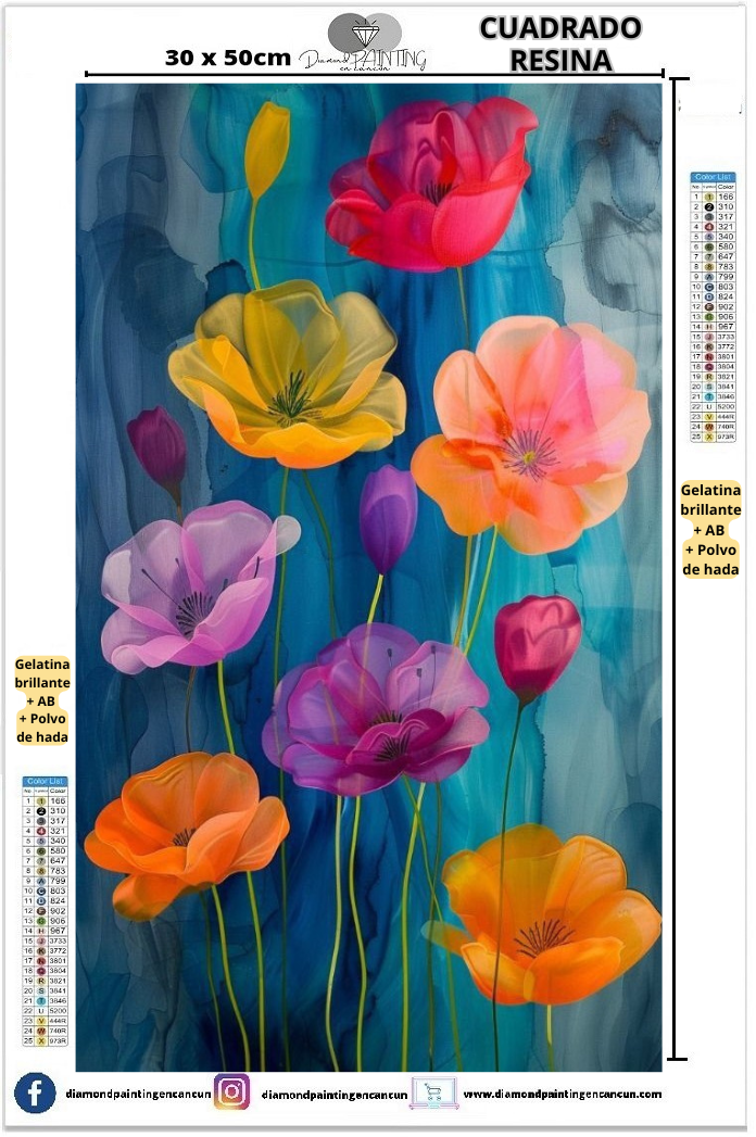 Flores 30 x 50 Contiene DIAMANTES DE RESINA: GELATINA BRILLANTE EN LA OSCURIDAD, AB Y POLVO DE HADA