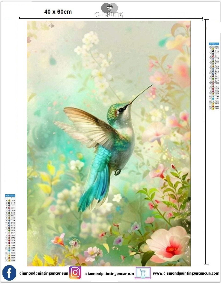 Colibrí 40 x 60 Contiene DIAMANTES GELATINA BRILLANTE EN LA OSCURIDAD, AB Y POLVO DE HADA