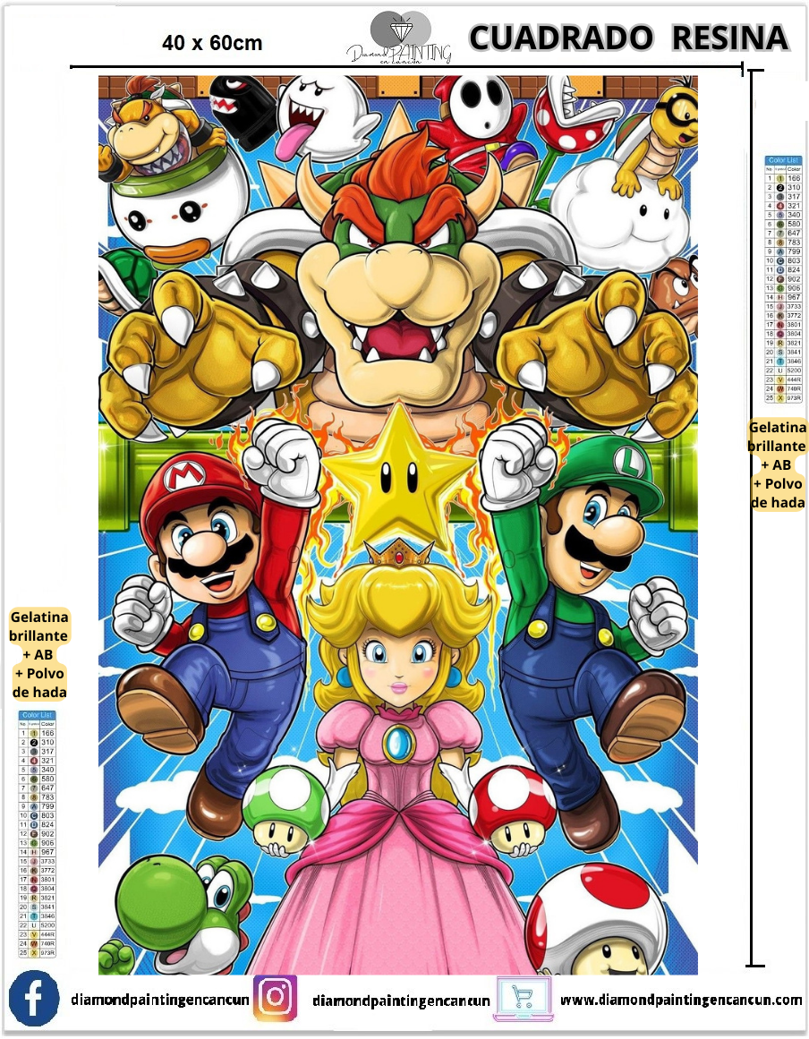 Mario 40 x 60cm Contiene DIAMANTES DE RESINA: GELATINA BRILLANTE EN LA OSCURIDAD, AB Y POLVO DE HADA