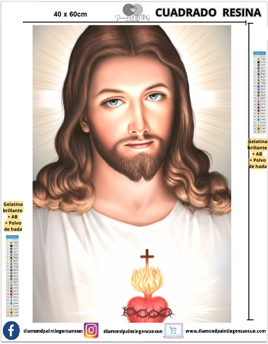 Sagrado Corazón 40 x 60cm Contiene DIAMANTES DE RESINA: GELATINA BRILLANTE EN LA OSCURIDAD, AB Y POLVO DE HADA