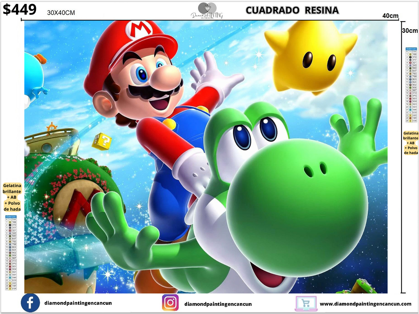 Mario 30 x 40 Contiene DIAMANTES DE RESINA: GELATINA BRILLANTE EN LA OSCURIDAD, AB Y POLVO DE HADA