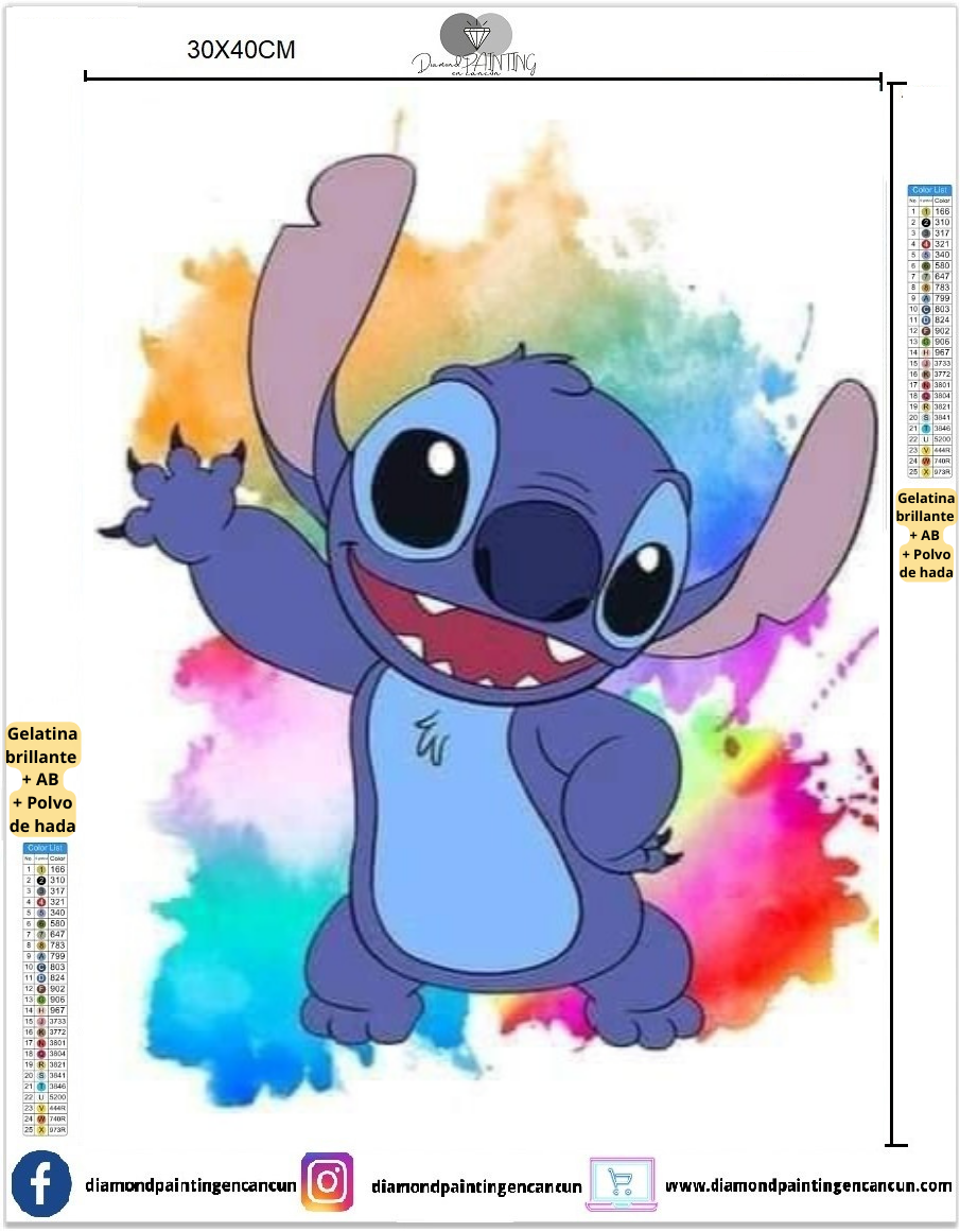 Stitch 30 x 40 contiene DIAMANTE GELATINA BRILLANTE EN LA OSCURIDAD, AB Y POLVO DE HADA