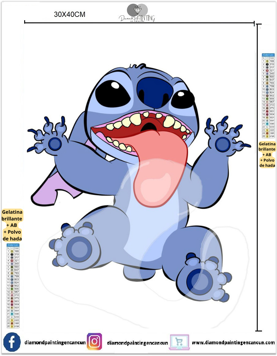 stitch 30 x 40 contiene DIAMANTE GELATINA BRILLANTE EN LA OSCURIDAD, AB Y POLVO DE HADA