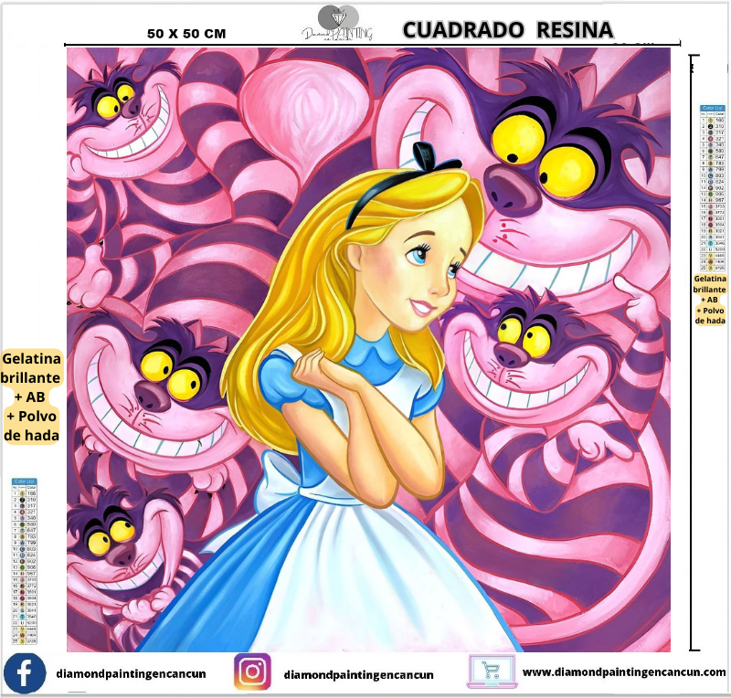 Alicia 50 x 50 Contiene DIAMANTES DE RESINA: GELATINA BRILLANTE EN LA OSCURIDAD, AB Y POLVO DE HADA