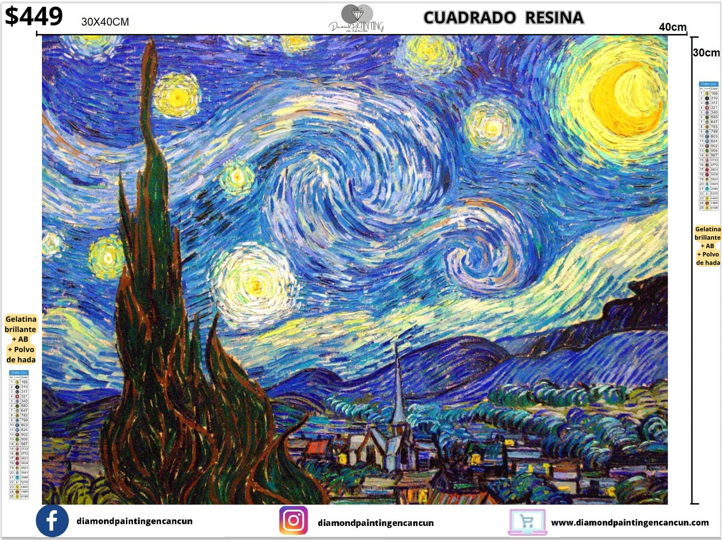 Noche estrellada 30 x 40 Contiene DIAMANTES DE RESINA: GELATINA BRILLANTE EN LA OSCURIDAD, AB Y POLVO DE HADA