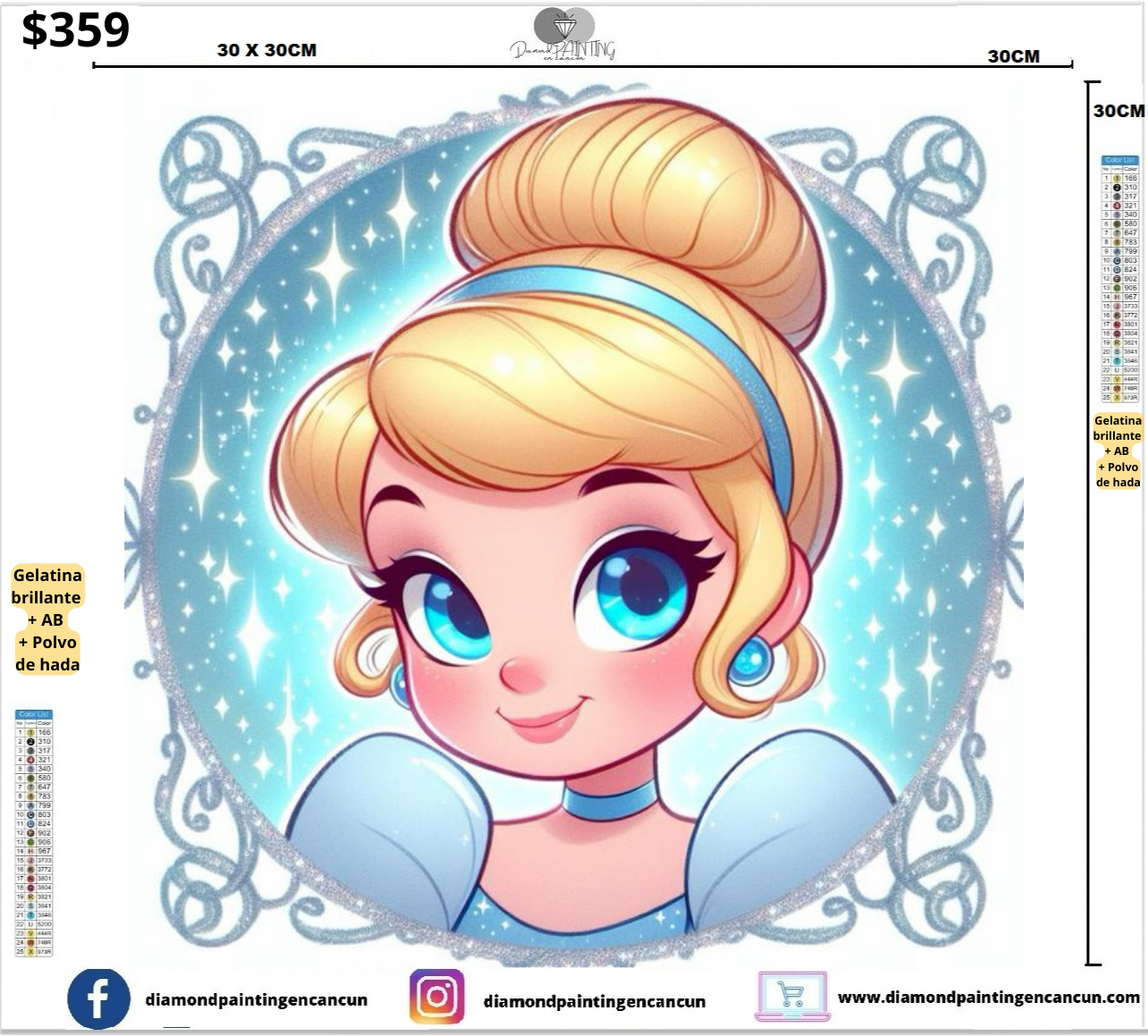 Cinderella 30 x 30 contiene DIAMANTES GELATINA, AB Y POLVO DE HADA