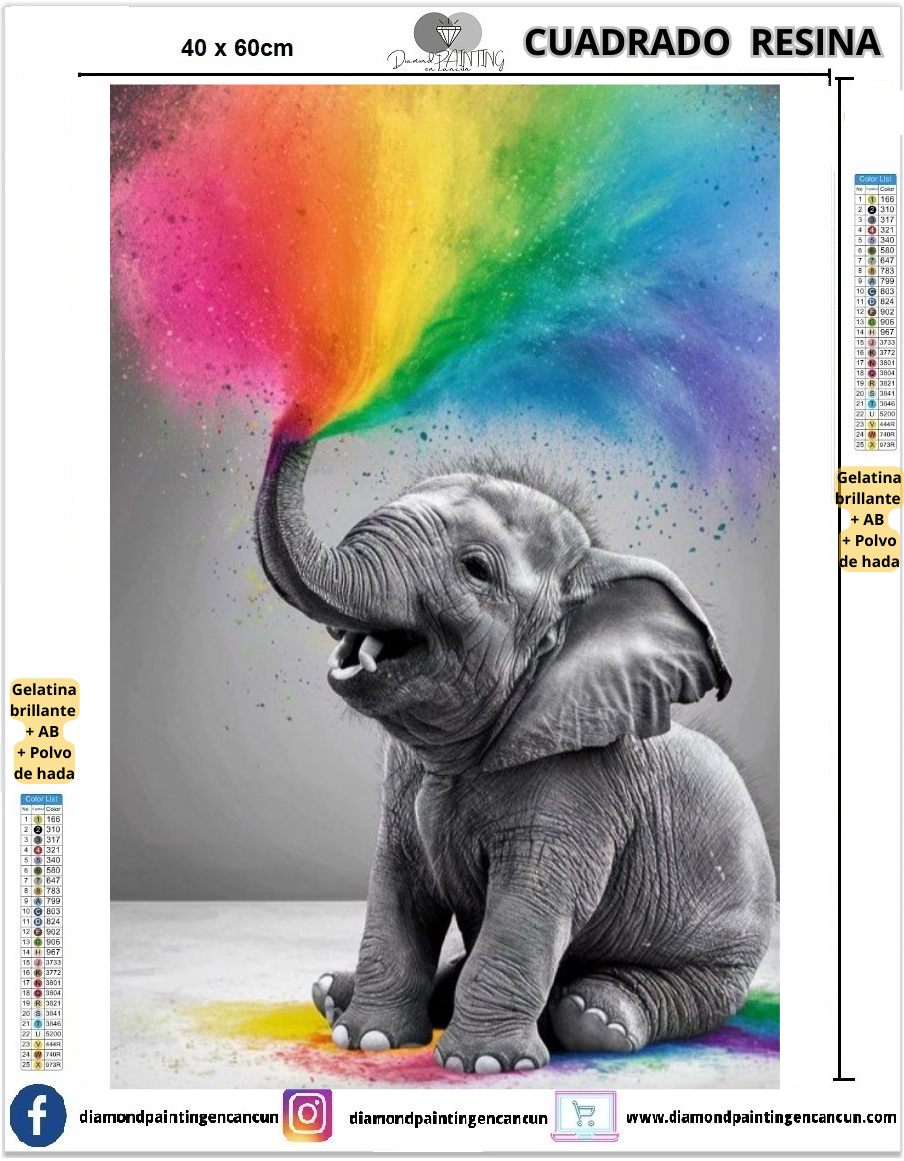 Elefante 40 x 60Contiene DIAMANTES DE RESINA: GELATINA BRILLANTE EN LA OSCURIDAD, AB Y POLVO DE HADA