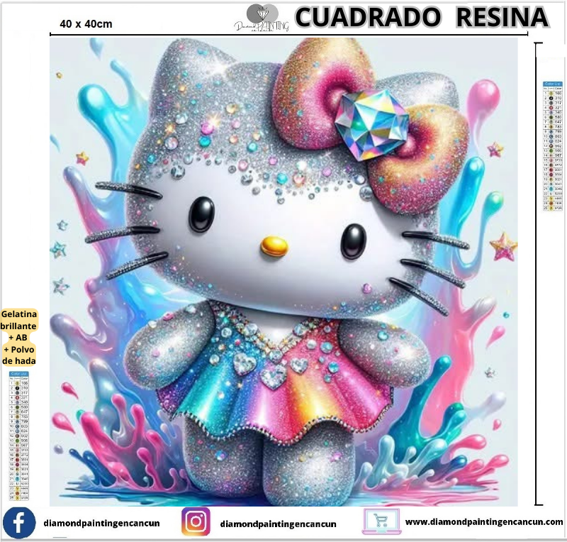 Kitty 40 x 40 Contiene DIAMANTES DE RESINA: GELATINA BRILLANTE EN LA OSCURIDAD, AB Y POLVO DE HADA