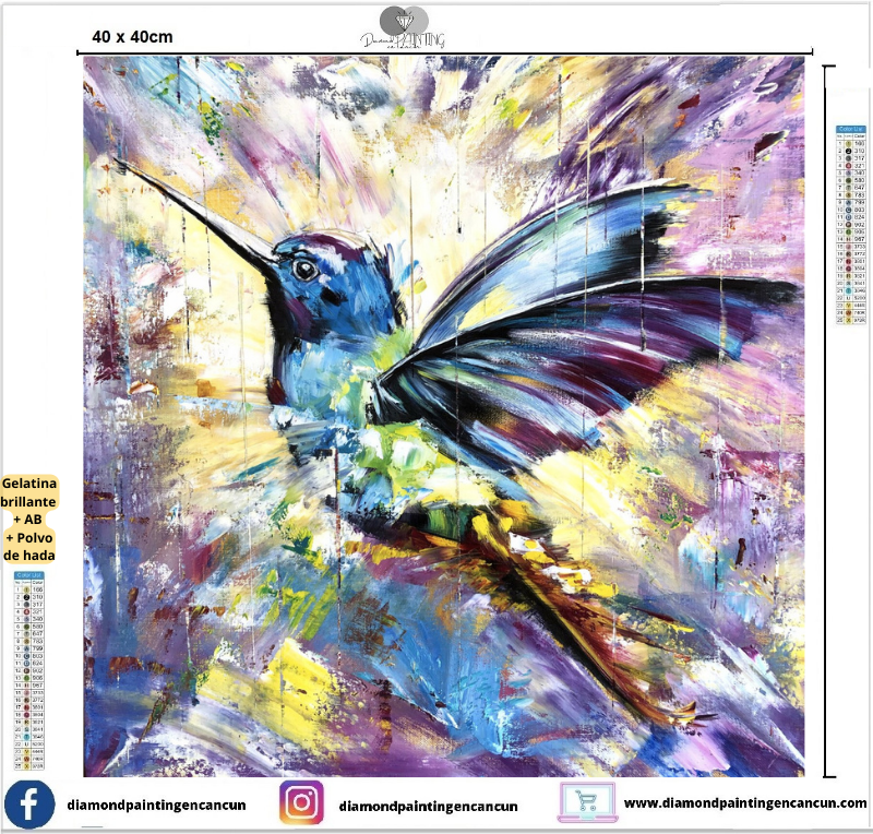 Colibrí 40 x 40 contiene Diamantes GELATINA BRILLANTE EN LA OSCURIDAD, AB Y POLVO DE HADA