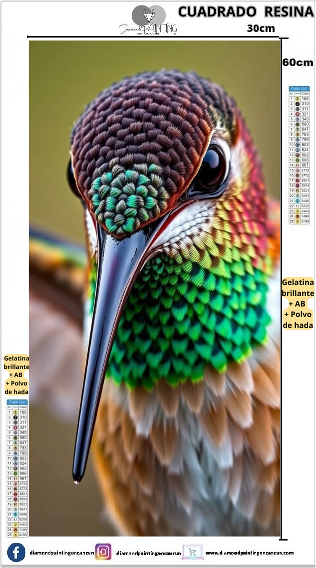 Colibrí 30 x 60 Contiene DIAMANTES DE RESINA: GELATINA BRILLANTE EN LA OSCURIDAD, AB Y POLVO DE HADA