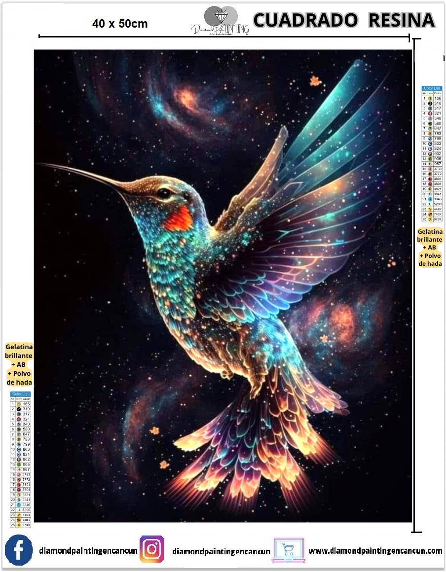 Colibrí 40 x 50cmContiene DIAMANTES DE RESINA: GELATINA BRILLANTE EN LA OSCURIDAD, AB Y POLVO DE HADA