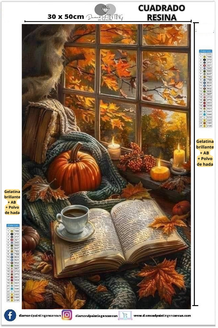 Paisaje otoño 30 x 50 Contiene DIAMANTES DE RESINA: GELATINA BRILLANTE EN LA OSCURIDAD, AB Y POLVO DE HADA