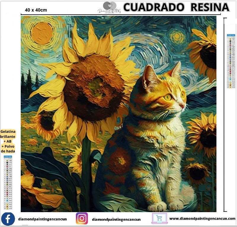 Gato con girasol 40 x 40cm Contiene DIAMANTES DE RESINA: GELATINA BRILLANTE EN LA OSCURIDAD, AB Y POLVO DE HADA