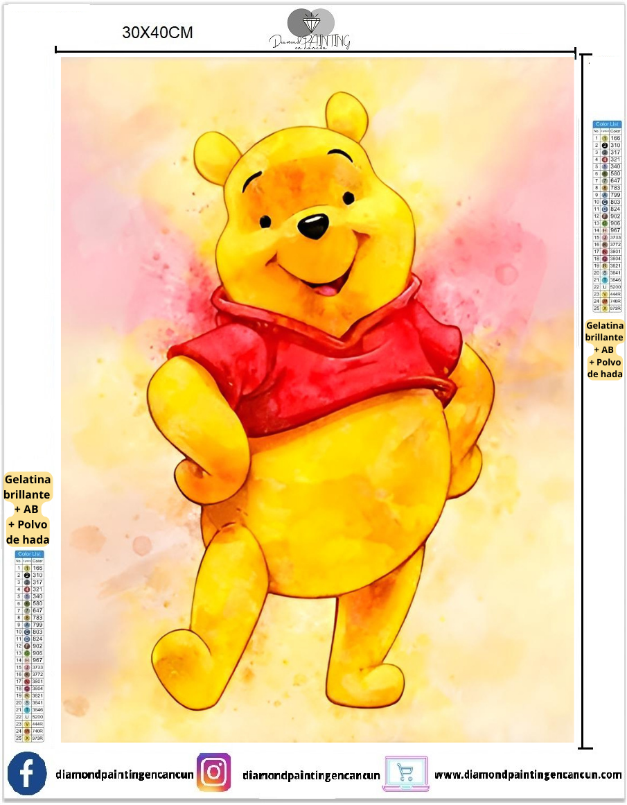 Winnie Pooh 30 x 40contiene DIAMANTES GELATINA, AB Y POLVO DE HADA