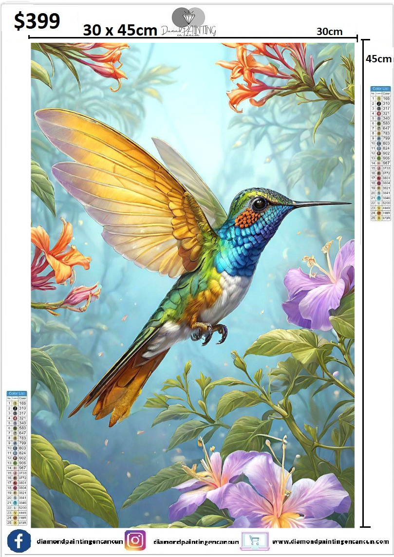 Colibrí fondo azul 30 x 45 contiene DIAMANTES gelatina brillante en la oscuridad, AB Y POLVO DE HADA