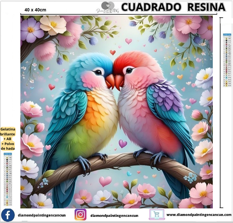 Pajaritos 40 x 40cm Contiene DIAMANTES DE RESINA: GELATINA BRILLANTE EN LA OSCURIDAD, AB Y POLVO DE HADA