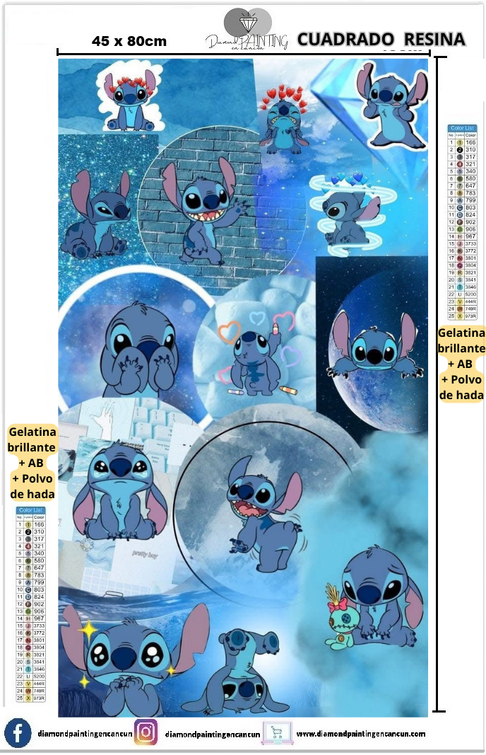 Stitch 45 x 80 Contiene DIAMANTES DE RESINA: GELATINA BRILLANTE EN LA OSCURIDAD, AB Y POLVO DE HADA