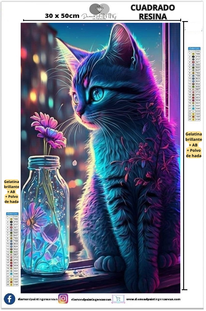 Gatito 30 x 50cm Contiene DIAMANTES DE RESINA: GELATINA BRILLANTE EN LA OSCURIDAD, AB Y POLVO DE HADA