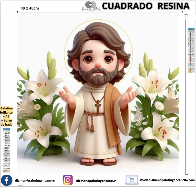 Jesús 40 x 40 Contiene DIAMANTES DE RESINA: GELATINA BRILLANTE EN LA OSCURIDAD, AB Y POLVO DE HADA